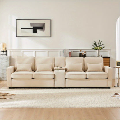 Bankstel – 4-Zitsbank – Zitbank – Hoekbank – Slaapbank – Modern Linnen – Console Met 2 Bekerhouders – Opbergruimte In Armleuning