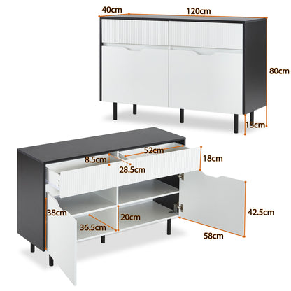 BTM Storage Cabinet 120cm with Ribbed Drawers, Black and White Design, Adjustable Shelves, 2 Doors, Sideboard Buffet, Cabinet Organizer for Kitchen, Living Room, Dining Room