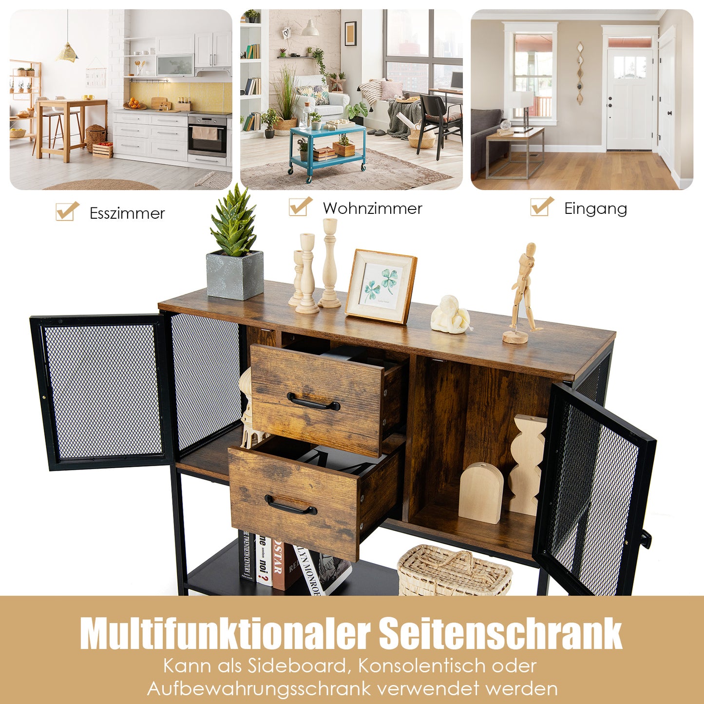 Dressoir – Ladekast – Opbergkast – TV-Meubel – Woonkamerkast – Industrieel Design – Hout En Zwart Staal – 100x35x85 cm