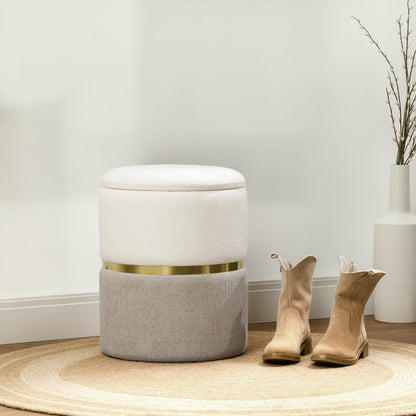 Poef – Opbergpoef – Zitzak – Voetenbankje – Hocker – Ronde Opbergpouf – Crème Wit Met Gouden Accenten – Zachte Chenille Zitting Met 30L Opbergruimte – Stevige MDF Constructie Met Metaalring 36x36x44 cm