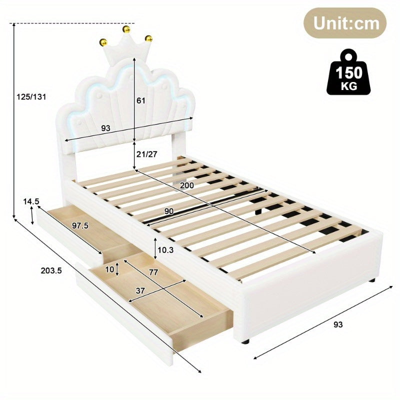 Princess Bed – Kinderbed – Jeugdbed – Bed Met Opberglades – LED Bed – 90x200 cm – Verstelbare Hoofdbord Met Afstandsbediening