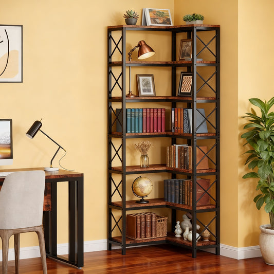 Hoekboekenplank – Boekenkast – Boekenrek – Opbergkast – Plankenrek – Rustiek Bruin – Industrieel Design – 7 Lagen – Stevig Metaal