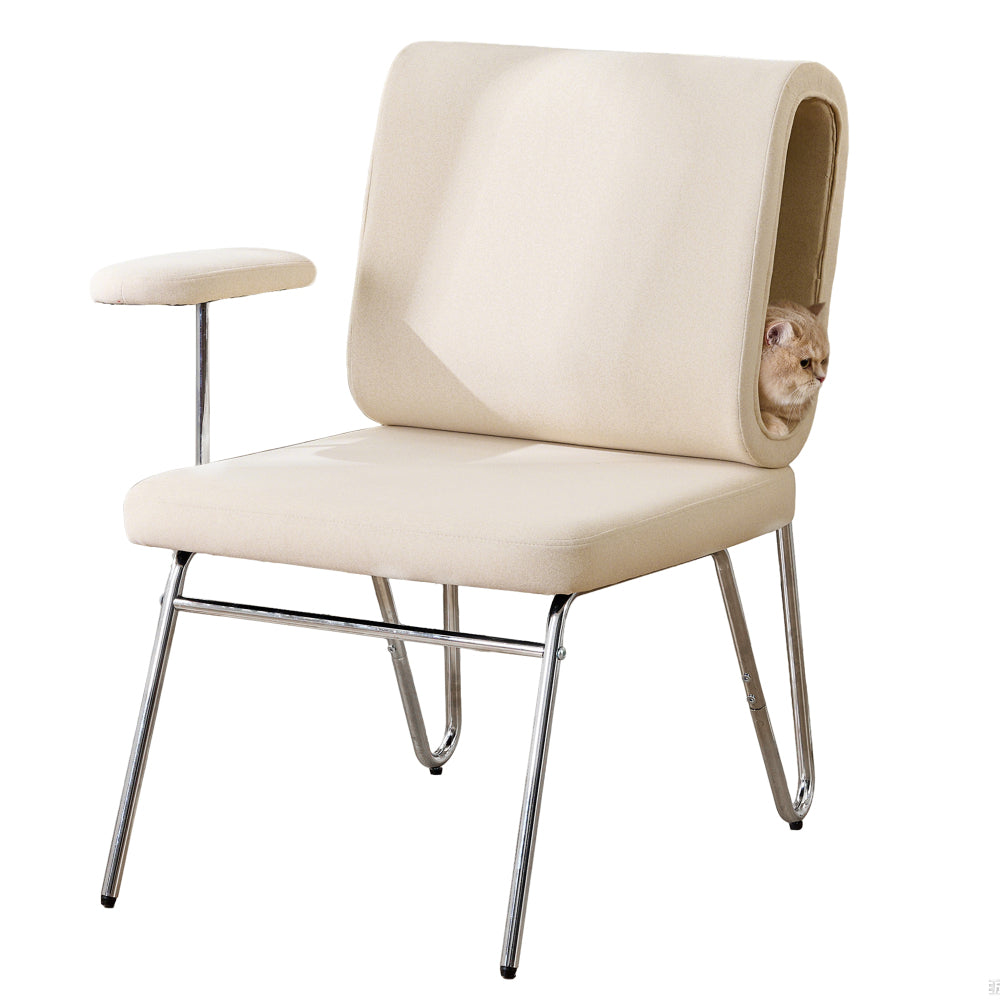 Ergonomische Bureaustoel – Bureaustoel met Kattenbed – Thuiswerkstoel – Bureaukruk – Werkstoel – Geïntegreerd Kattenbed – Krasbestendige Stof – Stalen Frame & Houten Poten – Beige