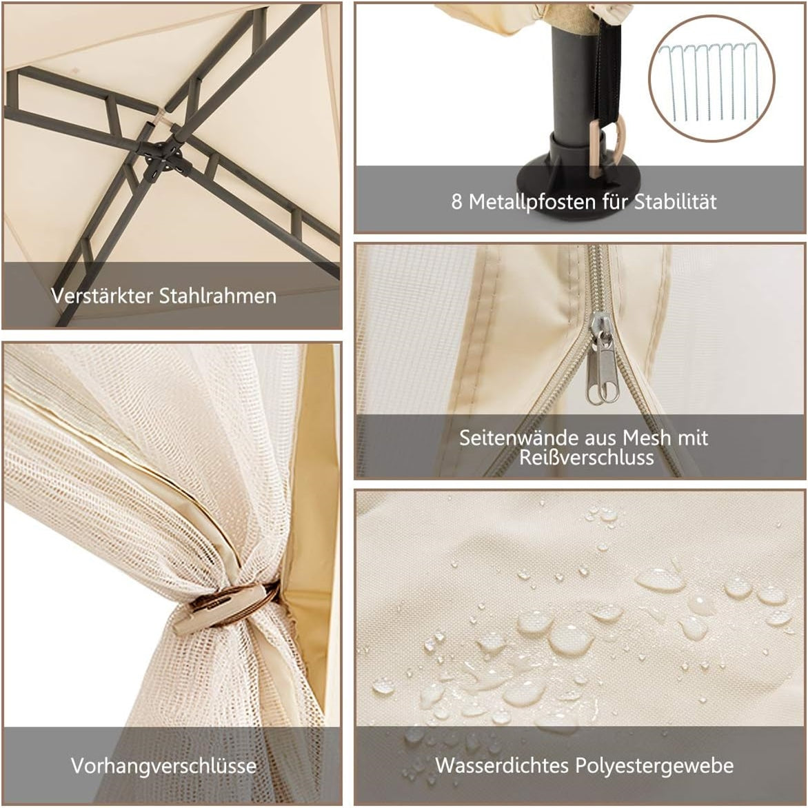 Paviljoen – Tuinkamer – Partytent – Zonnescherm – Buitentent – 3x3 meter – Waterafstotend polyester met insectennet – Roestvrij stalen frame