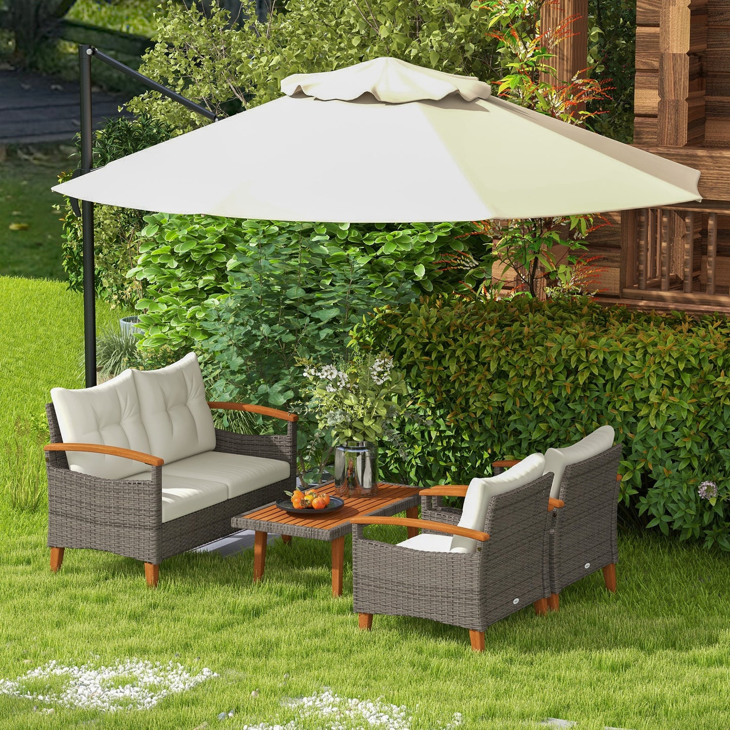 4-delige loungeset – tuinmeubel set – garden sofa – buiten zithoek – terrasset – weerbestendig PE rattan – acaciahouten salontafel