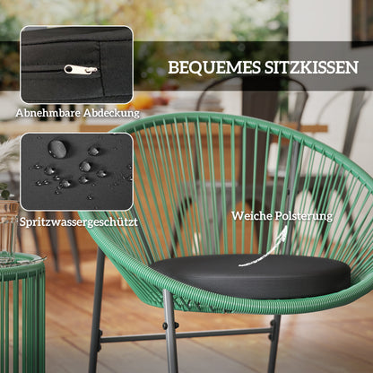 Tuinset – Bistroset – Loungeset – Tuinmeubelset – Balkonset – 3-delig – Ronde glazen tafel – Weerbestendig kunststof rattan met stalen frame – Inclusief zachte groene kussens