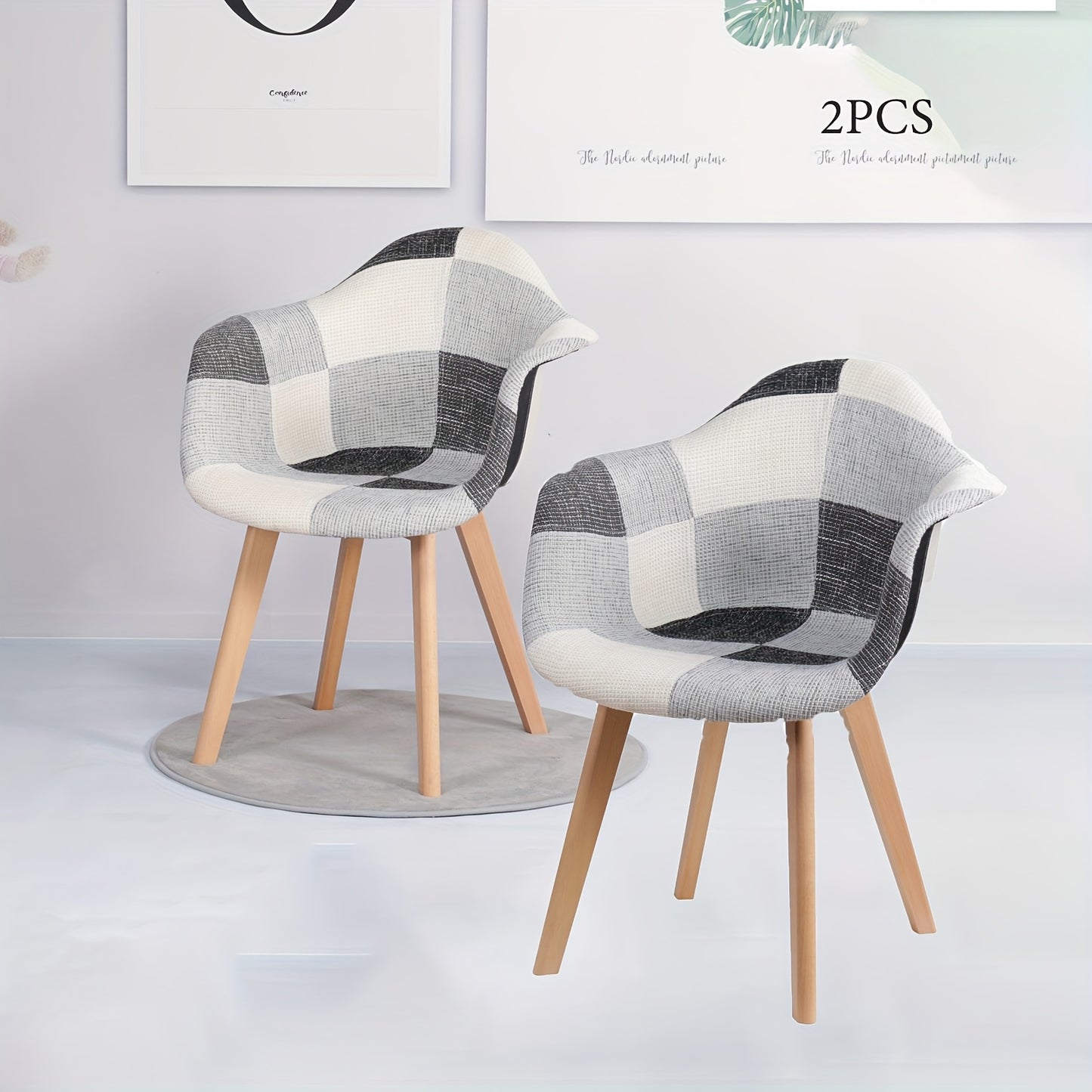 Set van 2 EGOONM Eetkamerstoelen – Klassiek Vintage Design, Grijs-Witte Ruitstof, Beukenhouten Poten met Armleuningen – Duurzaam en Elegant