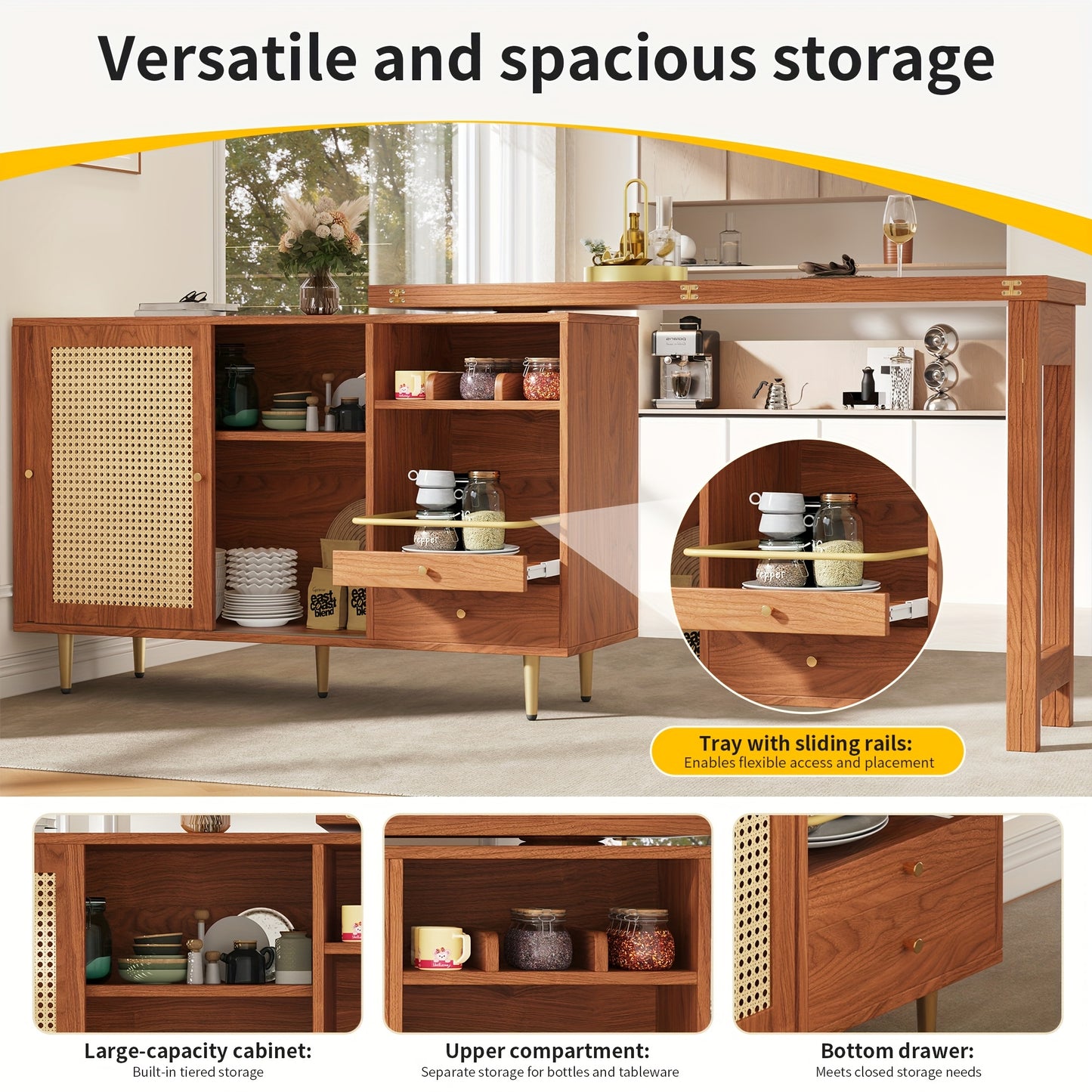 Bartafel – Bartafelset – Statafel – Keukentafel – Bistrotafel – 360° Draaibaar – Uitschuifbaar Ontwerp – Hout & MDF – Rattan Opbergruimte – Bruin – Compacte Afmetingen (107x40x71,4 cm)