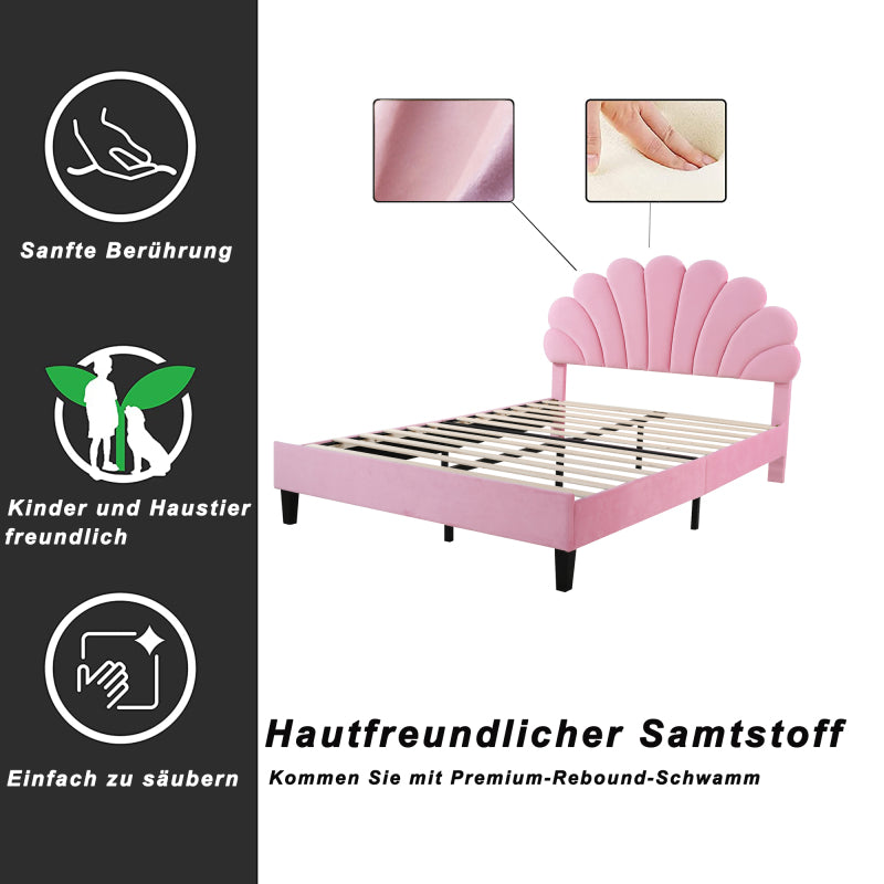 Tweepersoonsbed – Gestoffeerd Bed – Bedframe – Slaapbank – Opbergbed – 140x200 cm – Bloemvormig Hoofdbord – Zachte Velvet Bekleding