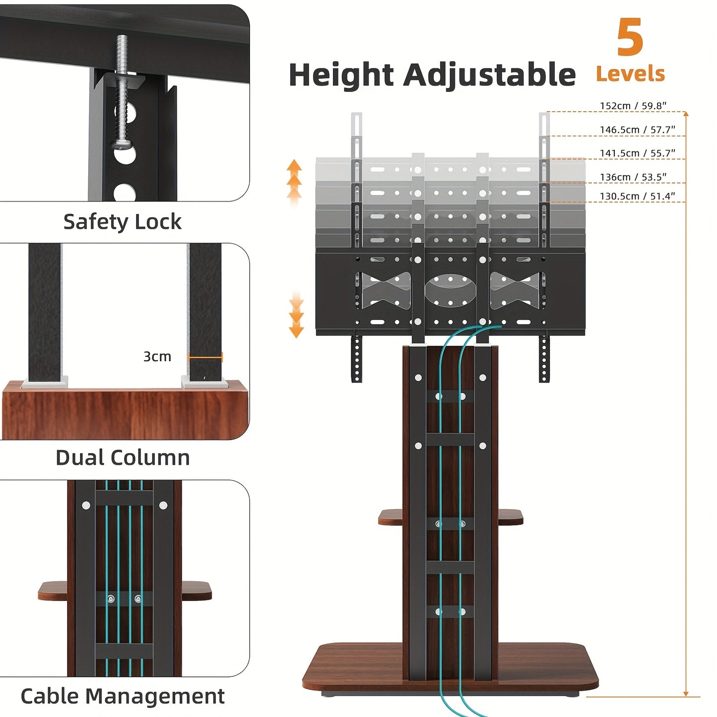 Zware TV-Standaard – Voor 32–65 Inch Schermen tot 39,9 kg – Verstelbare Vloermontage (130–152 cm), Houten & Metalen Frame met Opslagplank