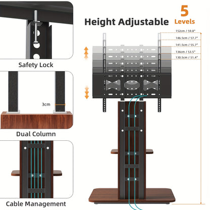 Zware TV-Standaard – Voor 32–65 Inch Schermen tot 39,9 kg – Verstelbare Vloermontage (130–152 cm), Houten & Metalen Frame met Opslagplank
