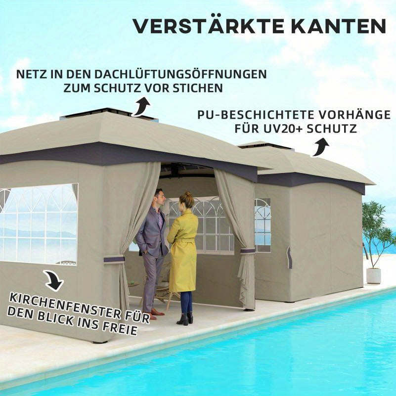 Tuinschuilplaats – Tuinshelter – Overkapping – Tuinkamer – Partytent – Waterdicht Lichtgrijs – Dubbel Dak 3,4x3,4 Meter – Gegalvaniseerd Stalen Frame – UV Bescherming – Vier Gesloten Zijden