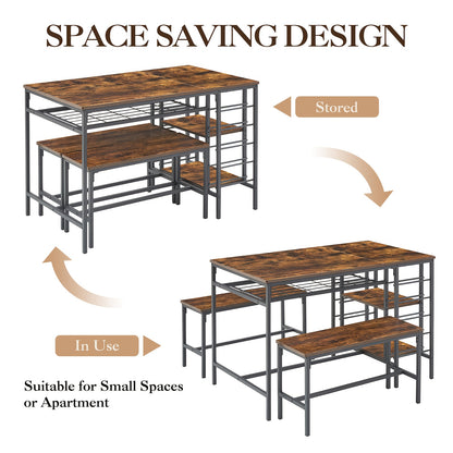 Eettafelset – Tafel Met Banken – Compacte Eetkamer Set – Keukentafel – Wijnrek – Hardhouten Rustiek Design – Ruimtebesparend Met Opbergruimte – Geschikt Voor 4 Personen