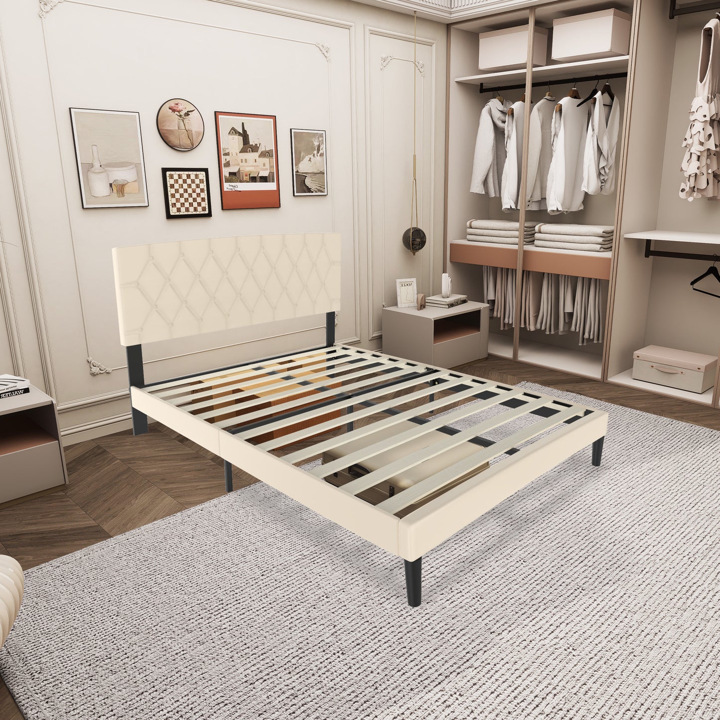 Upholstered Bed Frame Upholstered Bed with Headboard and Slatted Frame Bed Metal Platform Bed Frame Mattress Foundation, Leather, Beige/Black