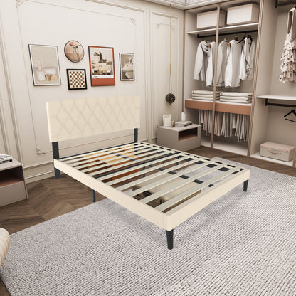 Upholstered Bed Frame Upholstered Bed with Headboard and Slatted Frame Bed Metal Platform Bed Frame Mattress Foundation, Leather, Beige/Black