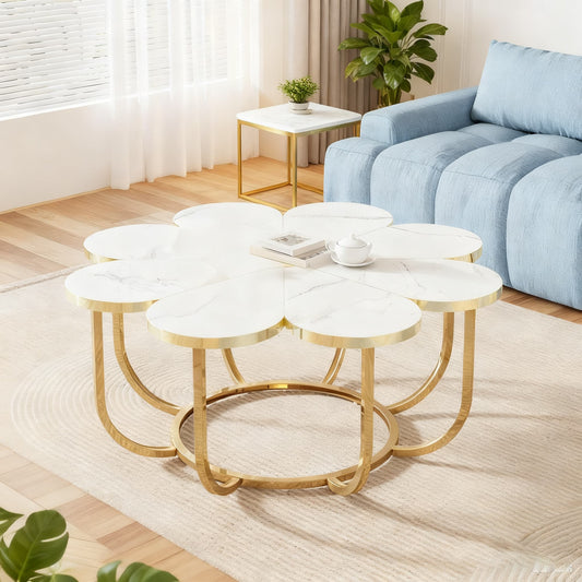Salontafel – Koffietafel – Tafel – Woonkamertafel – Bijzettafel – Modern Faux Marmer – Metalen Frame – 100 cm Diameter – Ruimtebesparend Design