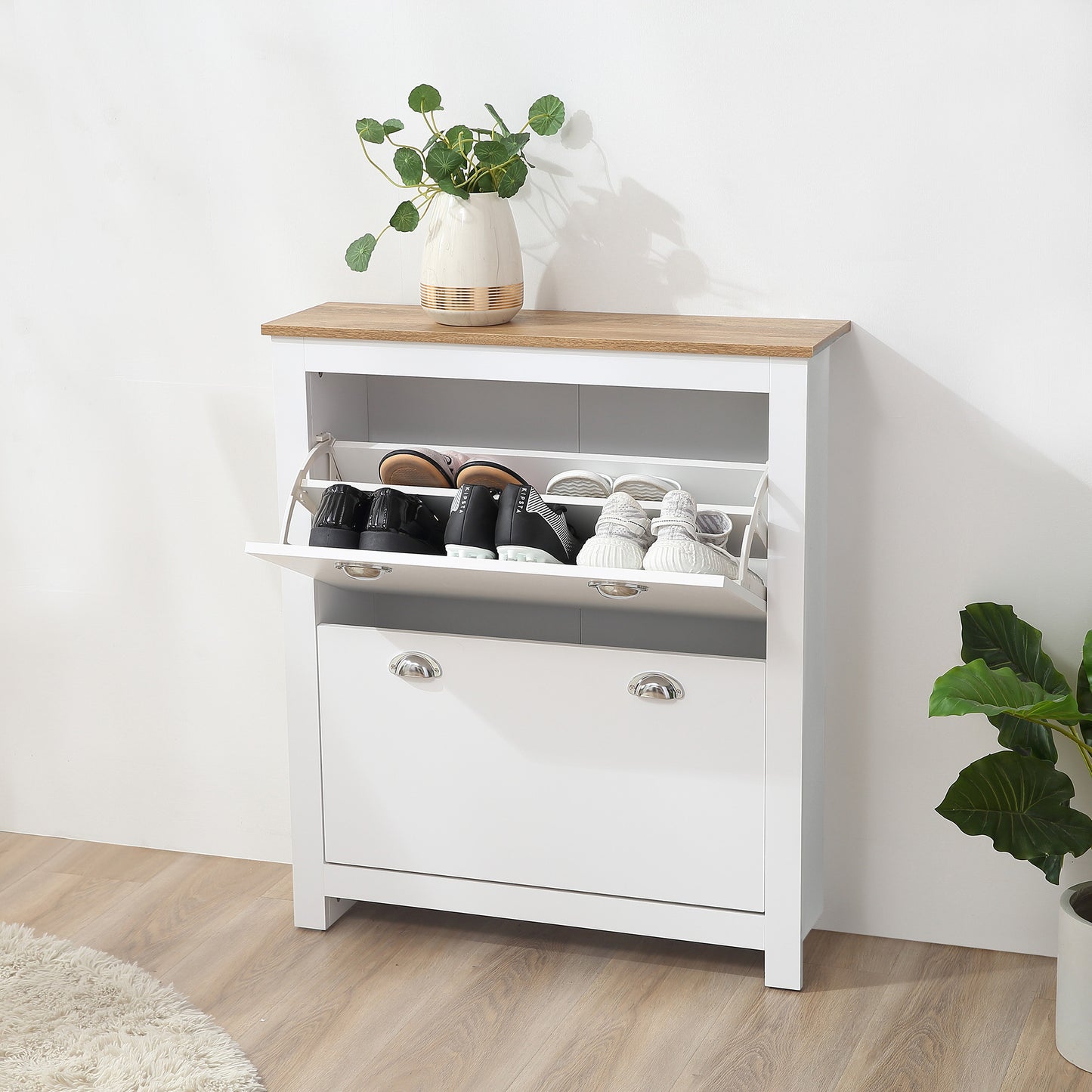 Schoenenkast – Schoenenkast – Schoenenrek – Schoenopberger – Schoenmeubel – Licht Eiken Wit – Verstelbare Legplanken – Anti-Kantelbeveiliging