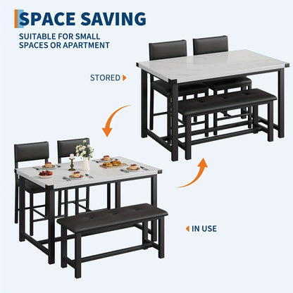 Eettafelset – Eetkamerset – Keukentafelset – Zitgroep – Meubelset – Rechthoekig Houten Tafelblad – 4 Personen Met Bank En Gestoffeerde Stoelen – Wit Marmerlook – Compact Voor Kleine Ruimtes