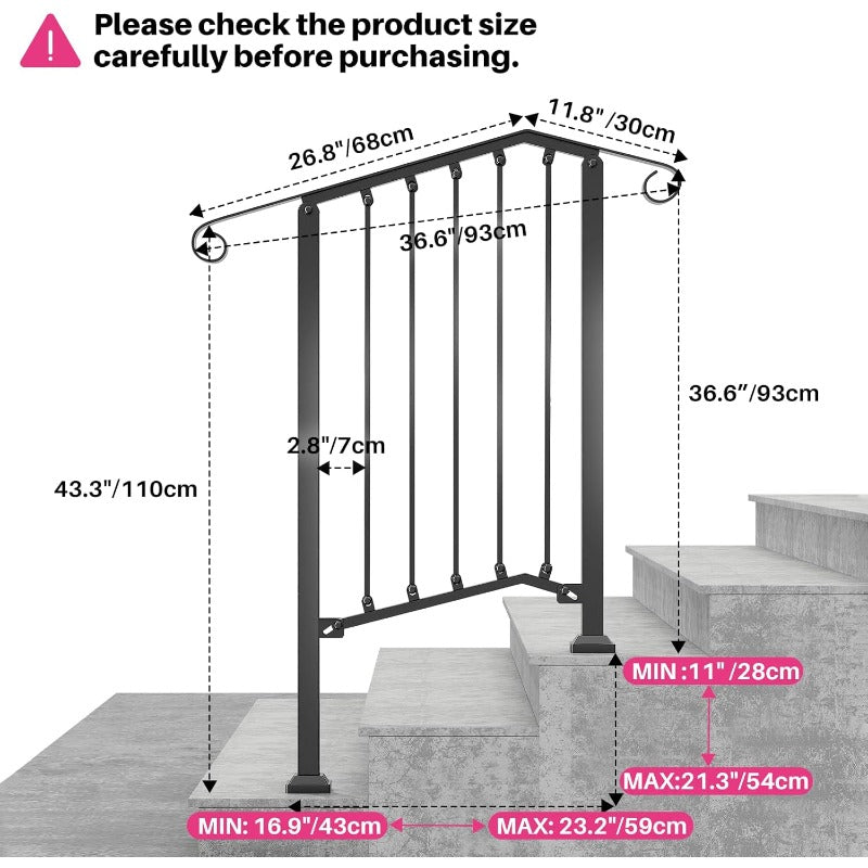 Buitenhandgreep – Buitenleuning – Trapleuning – Handrail – Stabiliteitshandgreep – Smeedijzer Zwart – Weerbestendig Poedercoating – 52,98x93,98 cm – Voor Beton En Hout