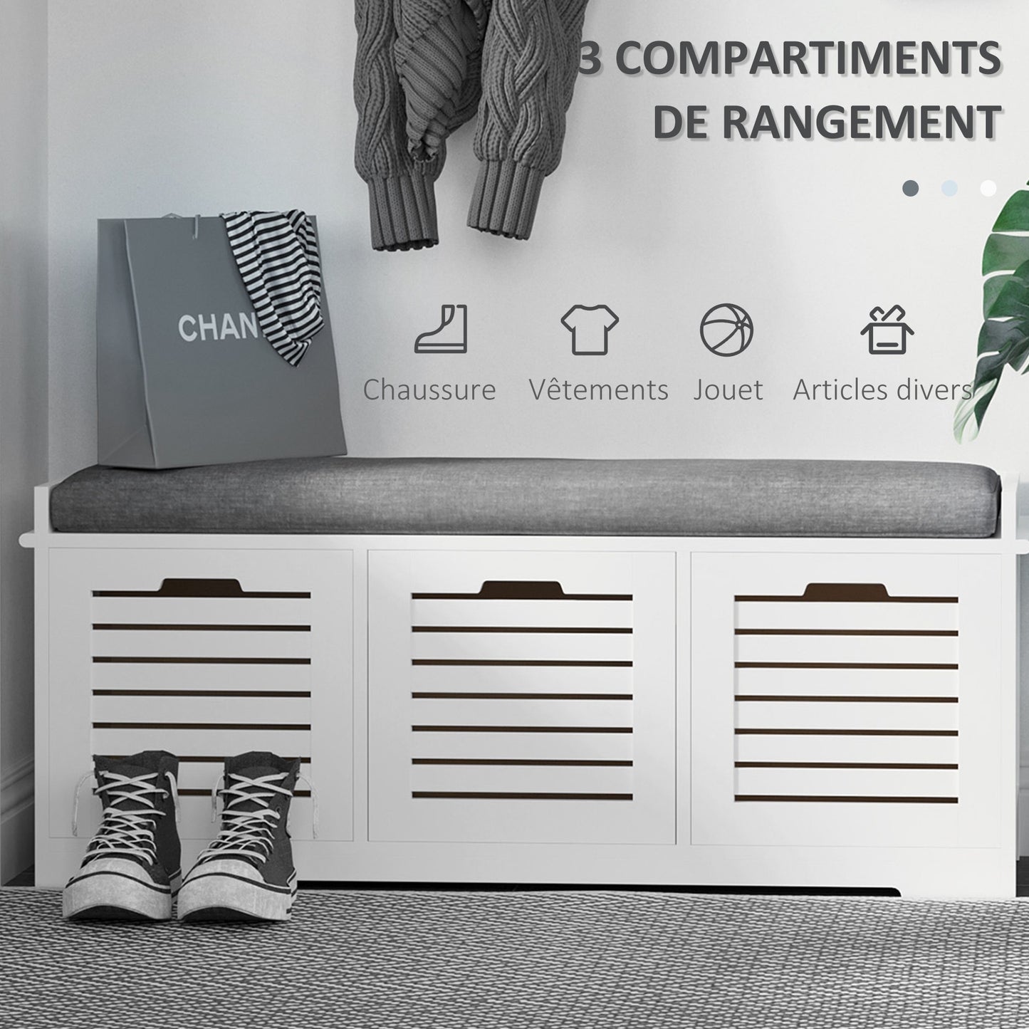 Schoenenbank – Schoenenkast – Opbergbank – Halbank – Zitbank – Met 3 Ventilerende Lades – Comfortabel Verwijderbaar Kussen – Wit – Compact 108x35x43 cm