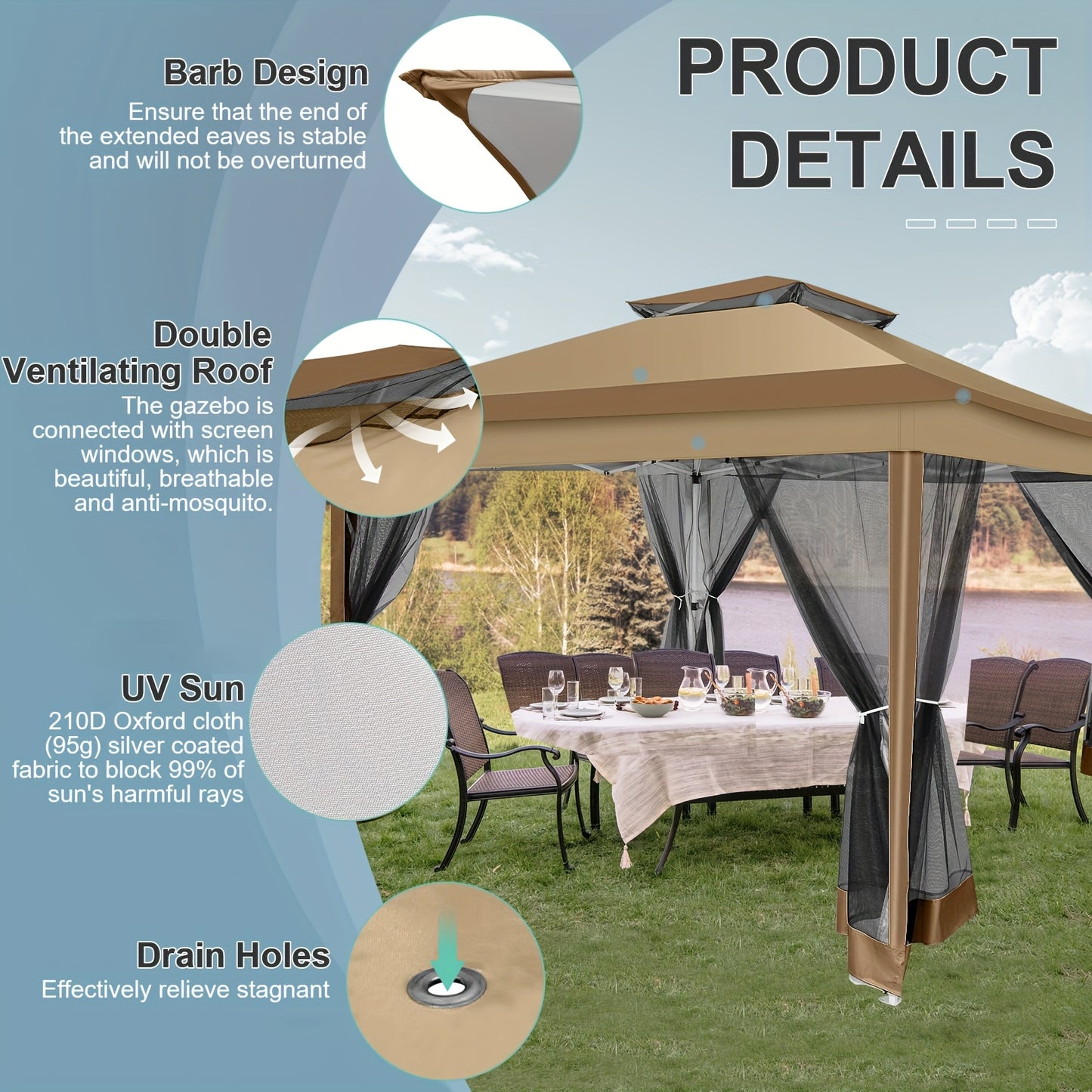 Partytent – Tuintent – Paviljoen – Feesttent – Bouwtent – Opvouwbaar – 3x3 m – Waterdicht Met Verstelbare Hoogte en Dubbel Ventilatiedak