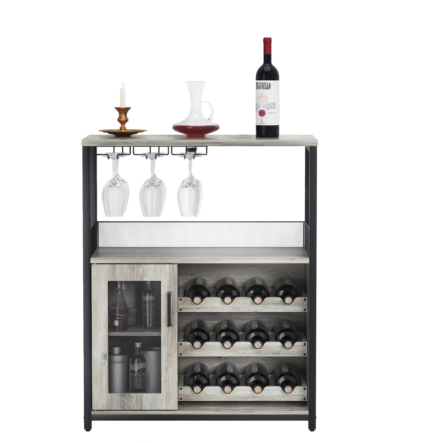 Barkast – Drankkast – Wijnkast – Buffetkast – Keukenopberger – Met Wijnrek – 3 Laags – MDF Metalen Mesh Deur – Compact 69x35x92 cm