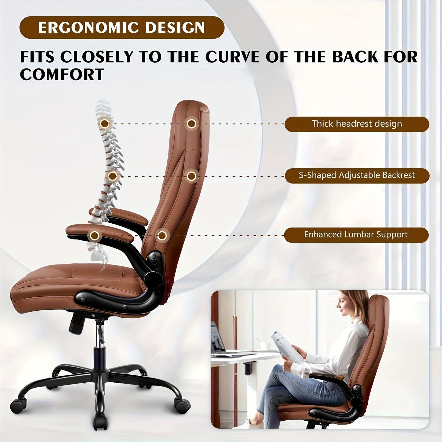 Bureaustoel – Office Chair – Executive Stoel – Werkstoel – Draaistoel – Ergonomische Hoge Rugleuning – Flip-Up Armleuningen – Kunstleren Bekleding – Verstelbare Kantelfunctie – Stevig Metalen Onderstel