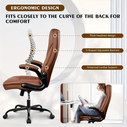 Bureaustoel – Office Chair – Executive Stoel – Werkstoel – Draaistoel – Ergonomische Hoge Rugleuning – Flip-Up Armleuningen – Kunstleren Bekleding – Verstelbare Kantelfunctie – Stevig Metalen Onderstel