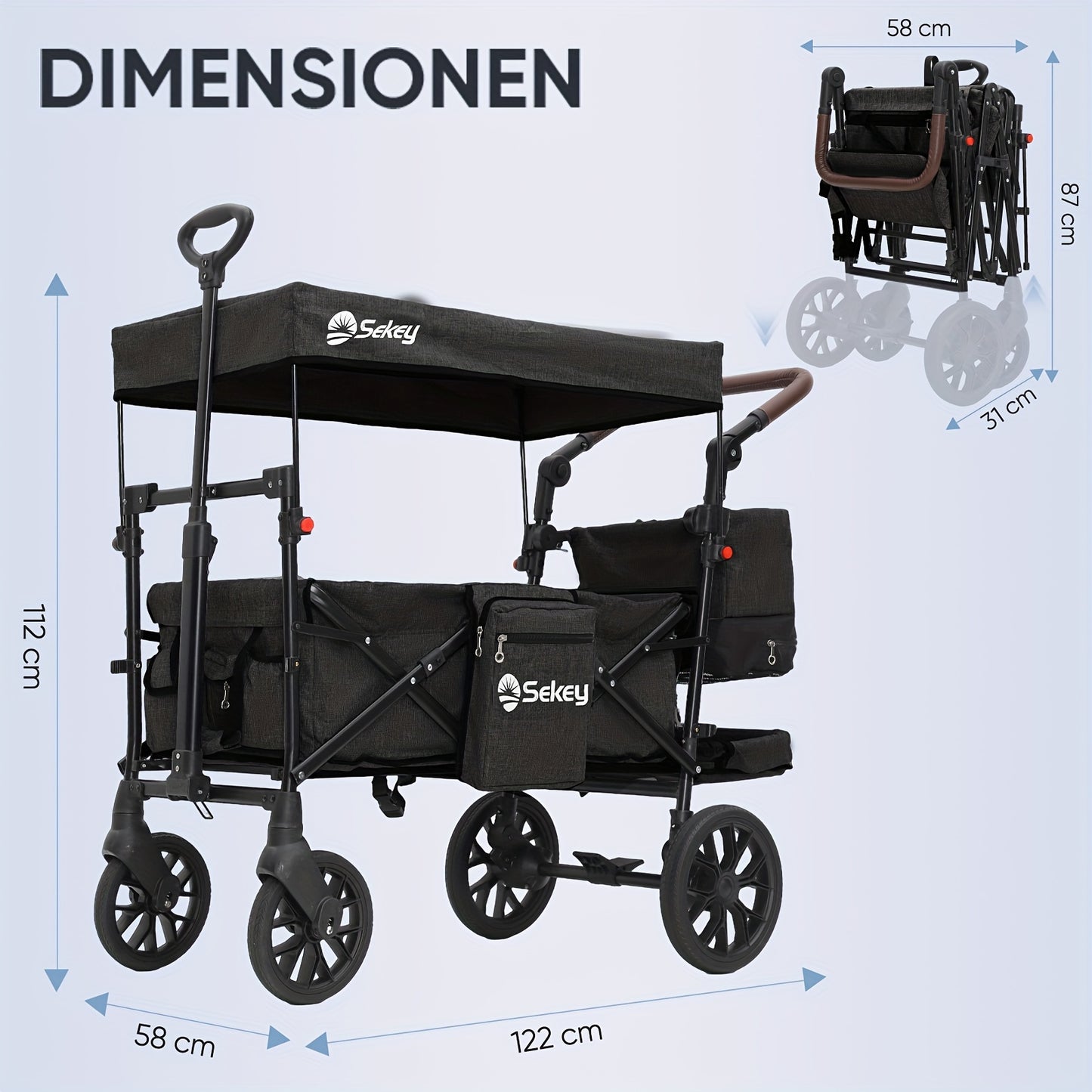Opvouwbare Handwagen – Vouwwagen – Bolderkar – Transportkar – Trolley – XXL PU-wielen 24/20 cm – Schokabsorberende Vering & Comfortabele Gevoerde Zitting – Zwart