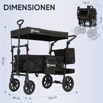 Opvouwbare Handwagen – Vouwwagen – Bolderkar – Transportkar – Trolley – XXL PU-wielen 24/20 cm – Schokabsorberende Vering & Comfortabele Gevoerde Zitting – Zwart