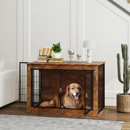 Hondenbench – Hondenkooi – Hondenhok – Hondenmand – Dierenbench – Rustiek Bruin – 2 Slotbare Deuren – Stevig Spaanplaat Metalen Frame – 93x55x62,5 cm Binnenruimte