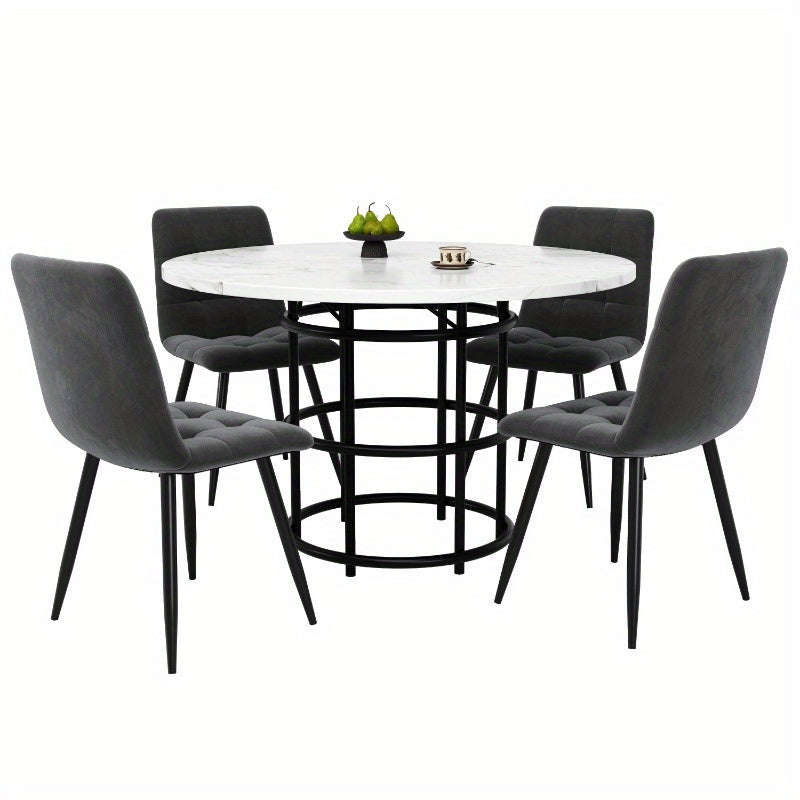 Eettafelset – Eethoek – Eetkamerset – Keukentafelset – Zitgroep – Ronde 100 cm Tafel – Wit Marmerlook Plastic Blad – Grijze Stoffen Stoelen – Compact & Onderhoudsvriendelijk