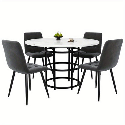 Eettafelset – Eethoek – Eetkamerset – Keukentafelset – Zitgroep – Ronde 100 cm Tafel – Wit Marmerlook Plastic Blad – Grijze Stoffen Stoelen – Compact & Onderhoudsvriendelijk