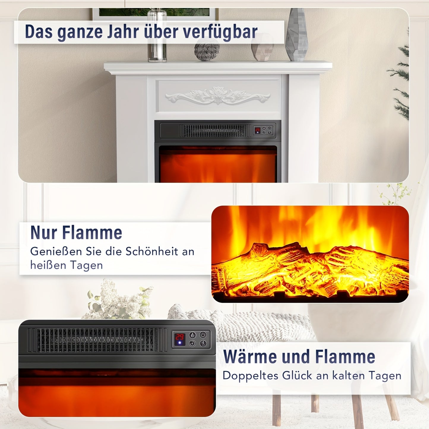 Elektrische Haard – Elektrische Open Haard – Sfeerverwarming – Haardmeubel – TV Meubel – Realistisch Vlameffect – 2000W Verwarming – Wit MDF Met Metaal