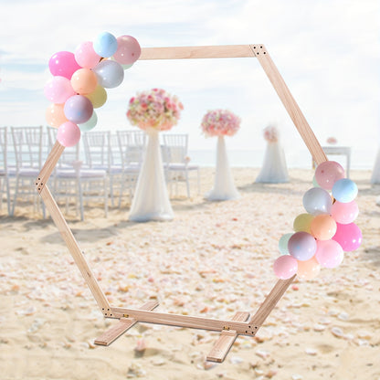 GDRASUYA10 Contemporary Hexagonal Wooden Stand for Weddings, Parties & Home Decor - Freestanding Rustic Photo Backdrop with Vibrant Floral Accents, Wooden Decor, Party Decoration, Elegant Design, Natural Texture