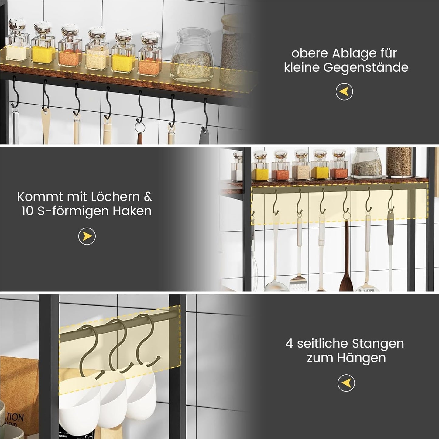 Keukenkast – Opbergkast – Rek – Plankenkast – Opbergmeubel – 5-laags Met Stopcontacten – Vintage Bruin Met Metalen Frame