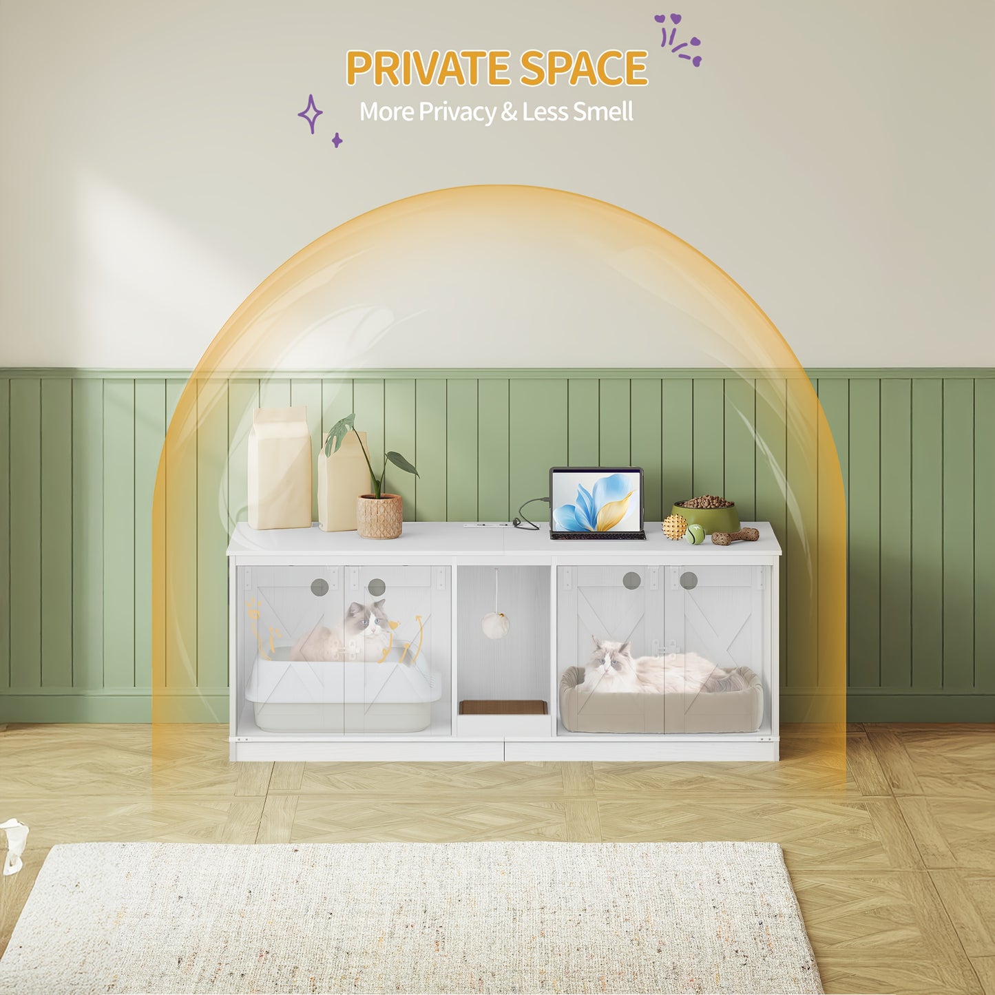 Kattenhuis – Kattenmeubel – Kattenkast – Kattenbakmeubel – Verstopte kattenbak – 140 cm Groot – Met USB Poorten en Stopcontacten – Wit