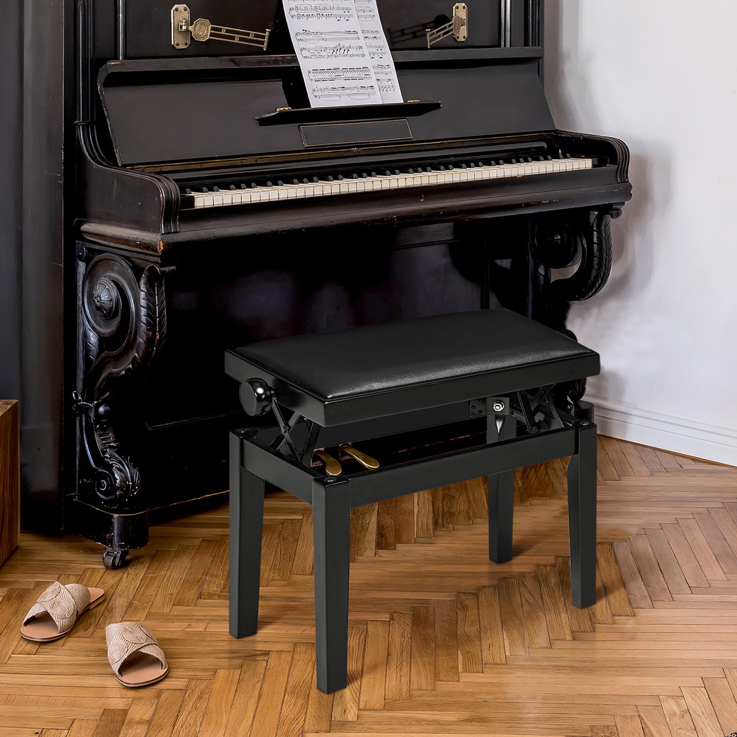 Pianobank – Piano Kruk – Keyboard Bank – Muziekbank – Zwarte Verstelbare Hoogte – Kunstleer Zitting – Massief Rubberhout Frame – Hoogglans Afwerking