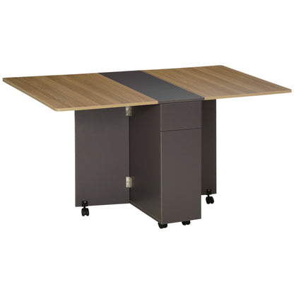 Opvouwbare Eettafel – Uitschuifbare Tafel – Keukentafel – Multifuntionele Tafel – Trolley Tafel – Met Wielen – 2 Lades & 1 Kast – 76x140x74 cm Grijs/Naturel Hout
