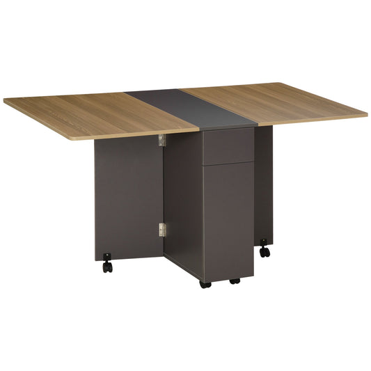 Opvouwbare Eettafel – Uitschuifbare Tafel – Keukentafel – Multifuntionele Tafel – Trolley Tafel – Met Wielen – 2 Lades & 1 Kast – 76x140x74 cm Grijs/Naturel Hout