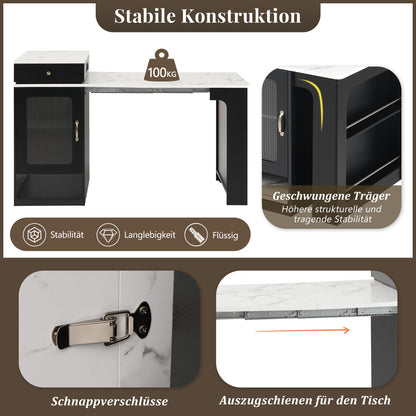 Uitklaptafel – Klaptafel – Uitschuiftafel – Vouwtafel – Eettafel – Ruimtebesparend – Kunstmarmeren Tafelblad – Met Wieltjes – Met Kruidenrek – Geschikt voor 4-6 Personen