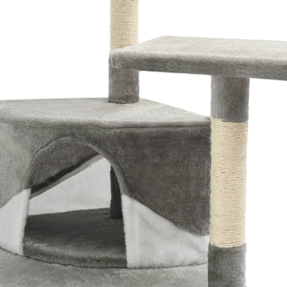 Krabpaal – Kattenkrabpaal – Kattenboom – Kattenhuis – Krabmeubel – Meerdere Niveaus – Pluche Bekleding - Grijs en Wit