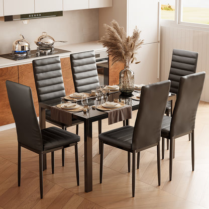 Eettafelset – Eethoek – Zitgroep – Keukentafelset – Eetkamermeubel – Ronde 6-persoons – Tempered Glass Tafelblad – Gestoffeerde Stoelen – Ruimtebesparend – Modern Design