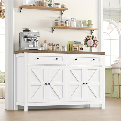 Dressoir – Sideboard – Buffetkast – Opbergkast – Keukenkast – 140 cm breed – Verstelbare plank – Wit frame met bruin houten blad