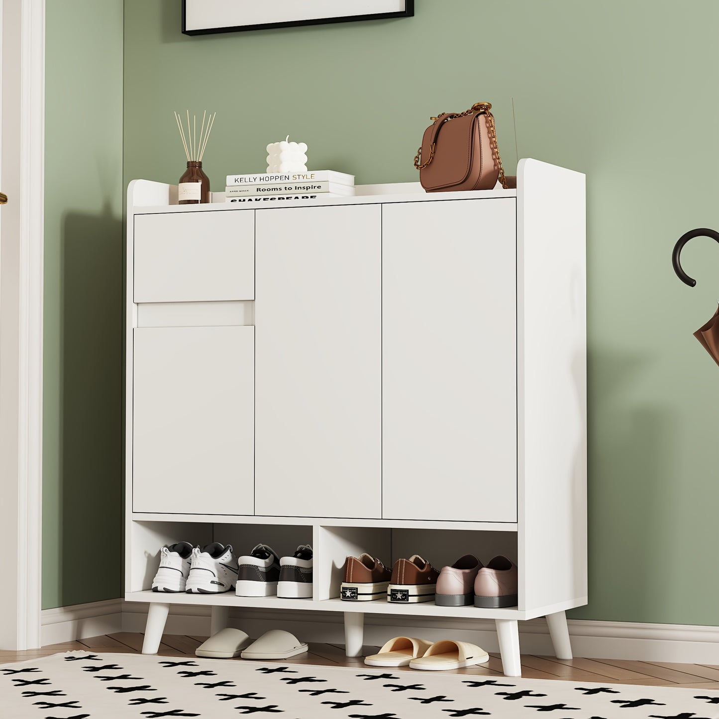Opbergkast – Ladenkast – Opbergmeubel – Schoenenkast – Kast Wit – Verstelbare Planken – Duurzaam Bamboe – Compact Design 99x90x35 cm