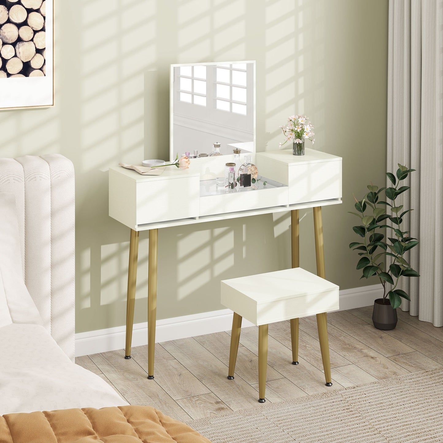 Kaptafel – Make-up Tafel – Schminktafel – Dressing Table – Cosmeticatafel – Met Spiegel en Kruk – 3 Lades en Tempered Glasblad – Metalen Poten – Wit – 105,5x30x130,5 cm