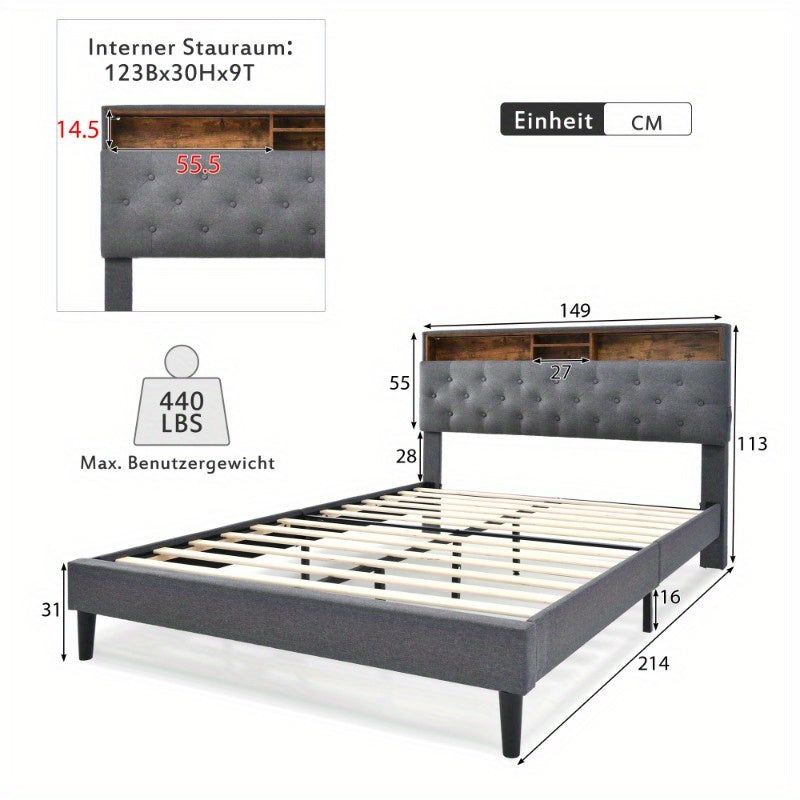 Bed Met Opbergruimte – Tweepersoonsbed – Slaapbed – Ledikant – Boxspring – Matras Inclusief – Gestoffeerd Grijs – Houten Lattenbodem – 140x200 cm