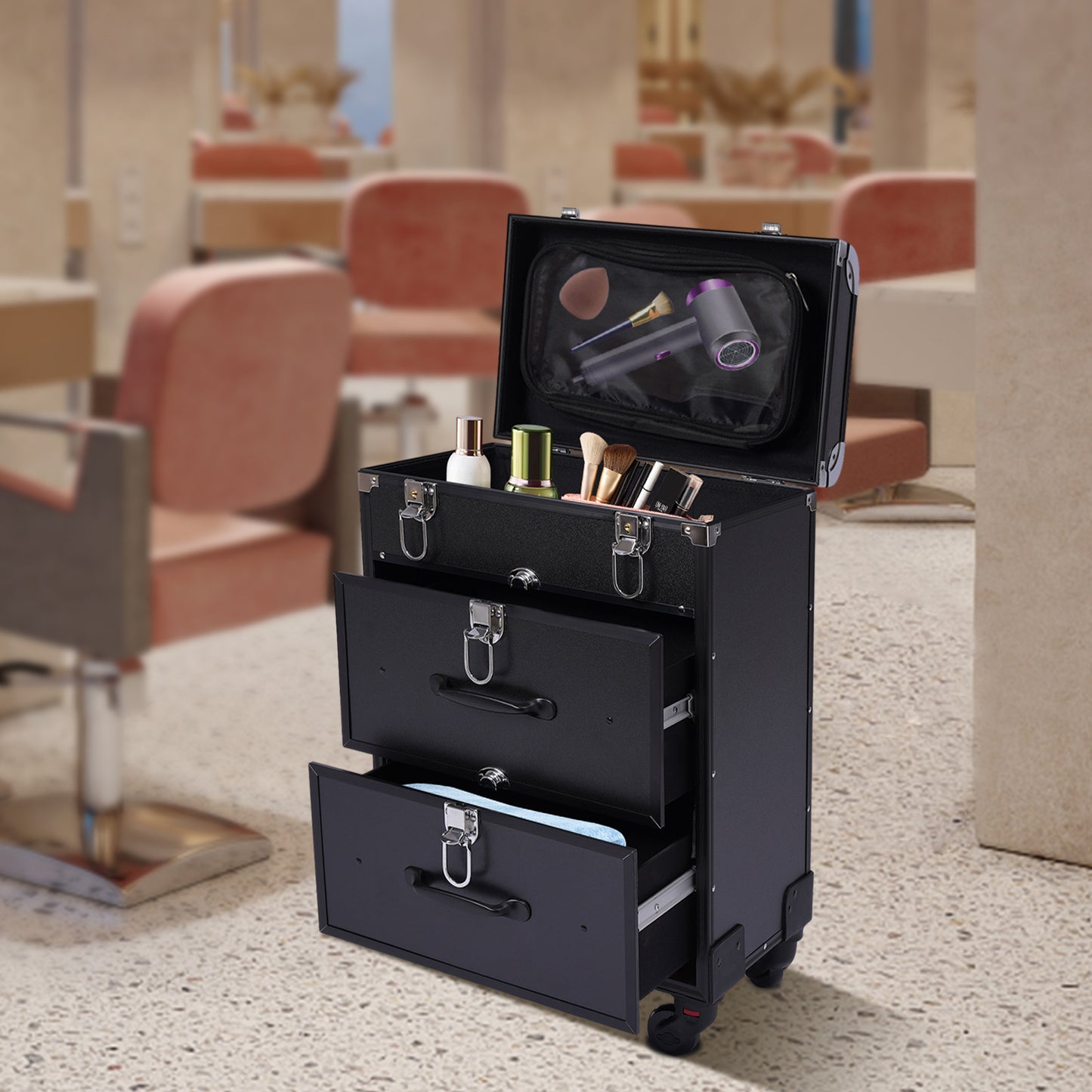 Make-up Koffer – Make-up Trolley – Cosmetica Opbergkoffer – Beauty Koffer – Make-up Kist – Aluminium Frame – 3-laags Met Wieltjes – Zwart