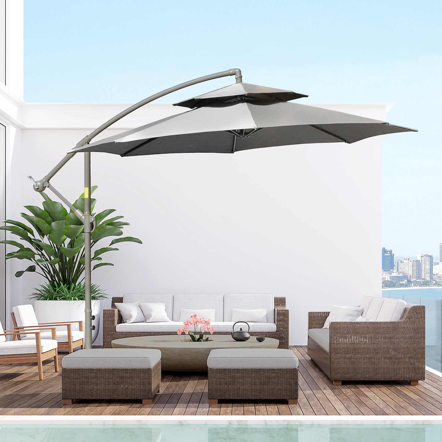 Parasol – Stokparasol – Zweefparasol – Buitenparasol – Terrasparasol – Extra Groot Ø2,67 m – Dubbele Kap & Stalen Frame – Lichtgrijs