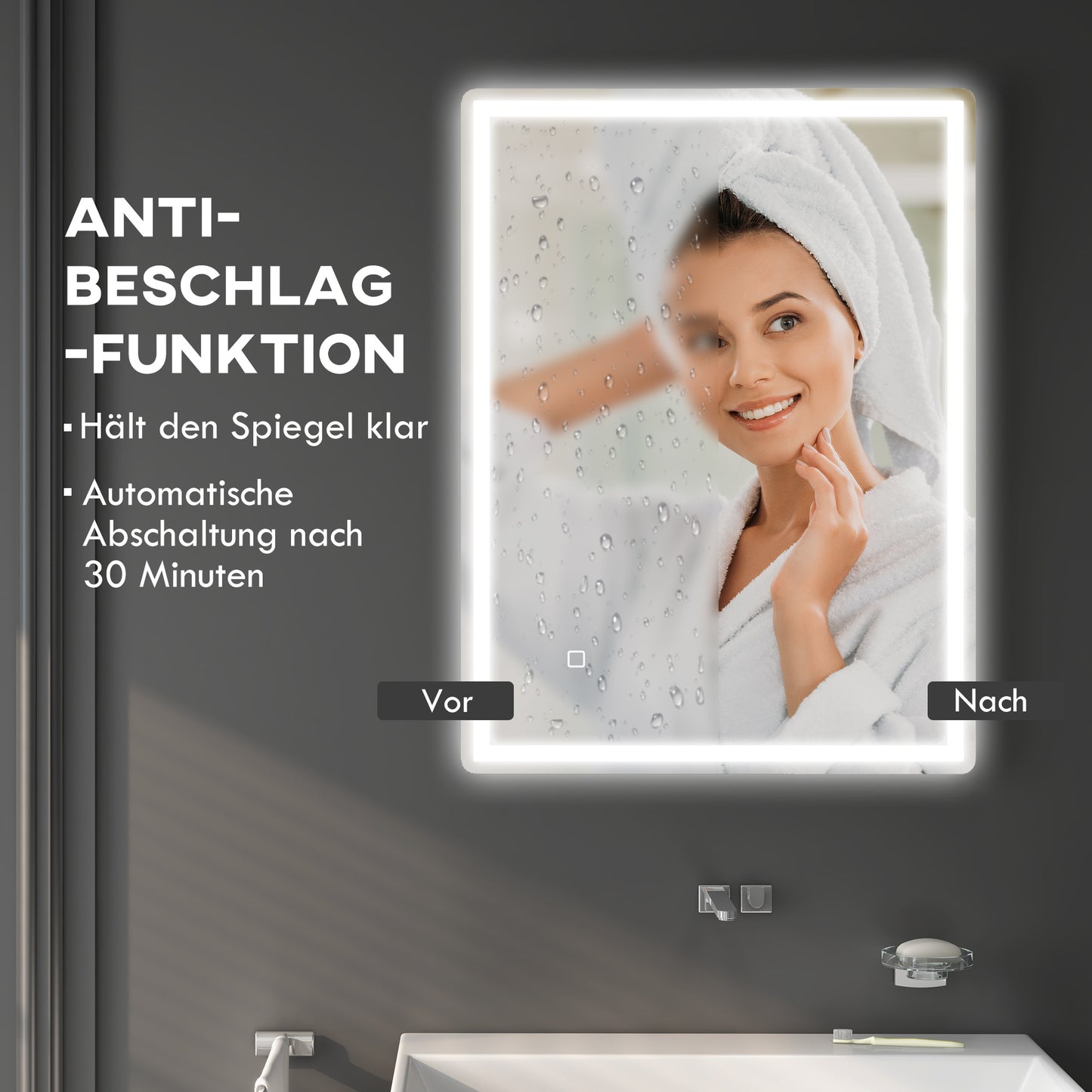 LED Badkamerspiegel – Spiegel, Wandspiegel, Make-up Spiegel, Badkamermeubel Spiegel – Variant Wit – Touchschakelaar – Anti-Dampfunctie – 60 x 80 x 4 cm